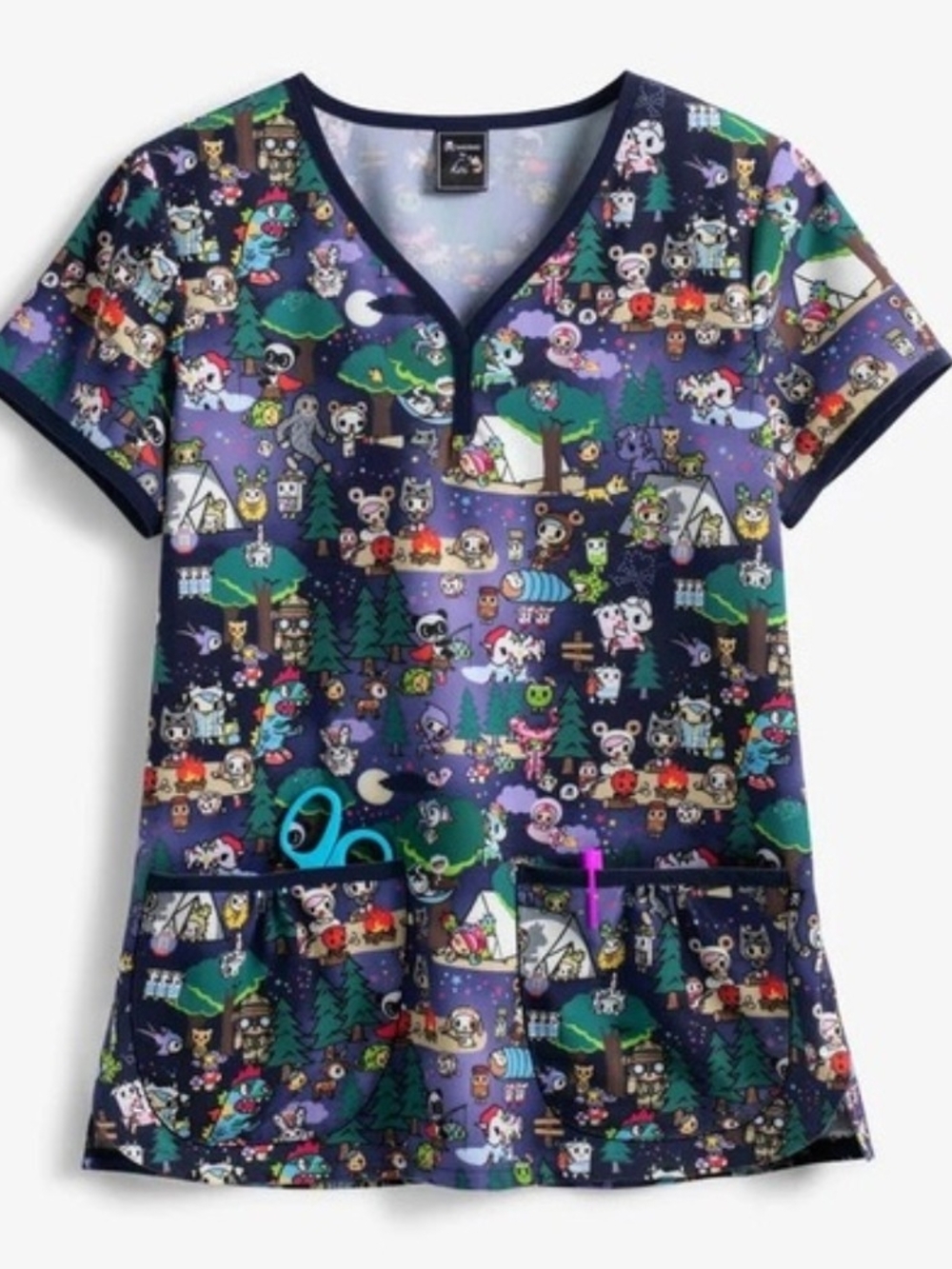 tokidoki Women's  Camping Cartoon Tunic Scrub Top Size Large
